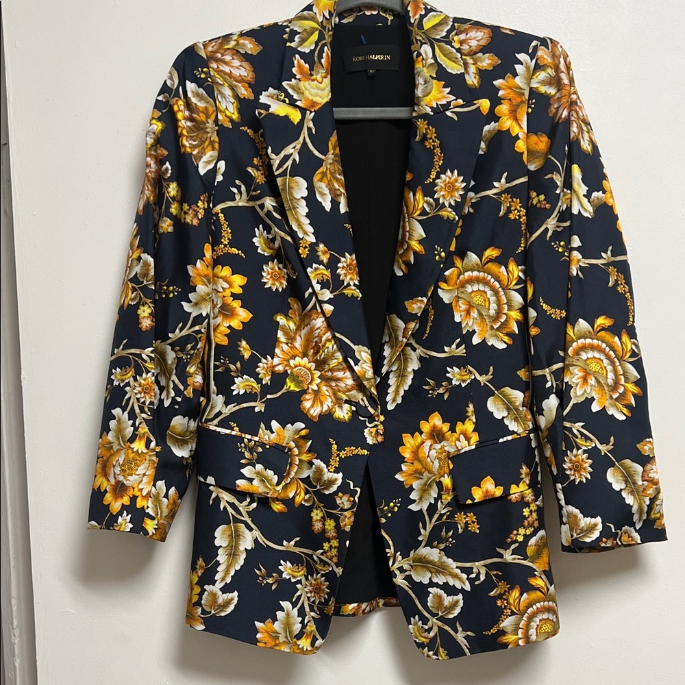 Kobi Halperin Navy Orange Yellow Floral Light Weight Silk Blazer XS